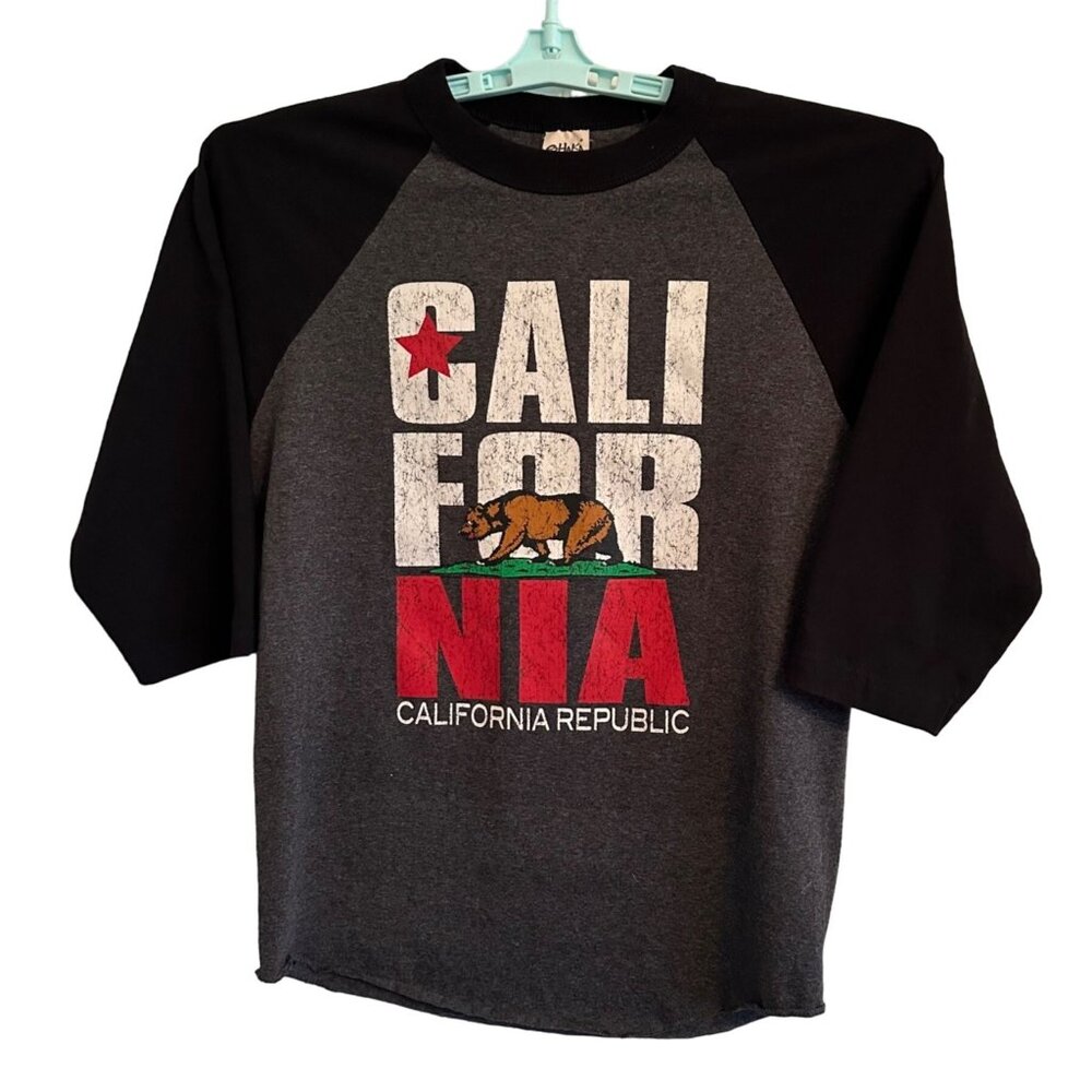 California Republic SHAKA Baseball Size M T-Shirt 3/4 Raglin Sleeve Gray Black - Picture 1 of 9
